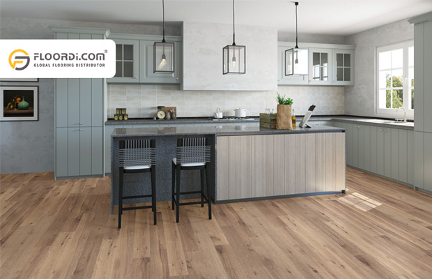 nhà bếp hiện đại kết hợp cùng với sàn gỗ